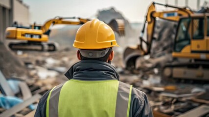 Fototapete - Medium closeup of a worker in a hard hat surveying the chaotic scene with tered debris and heavy machinery in the background highlighting safety gear contrasted with destruction.