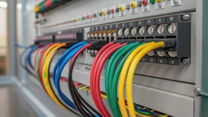 Aufkleber - Medium closeup of colorful cables and wiring being organized and connected on a control panel showcasing the electrical aspect of industrial machinery.