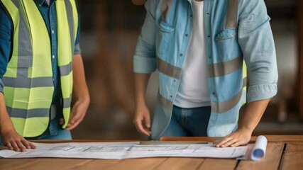 Aufkleber - Medium closeup of two technicians collaborating examining blueprints spread across a wooden table with focused expressions.
