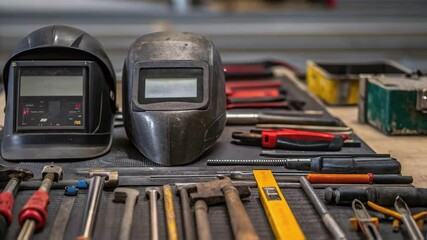Leinwandbilder - Toolset Focus A closeup of an organized array of welding tools and equipment laid neatly on a work surface highlighting their wear and functionality.