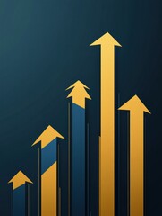 Fototapete - Modern business background showcasing layered paper cut bar charts and upward arrows in gold and blue tones with smooth textures Generative AI