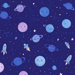 Poster - Seamless baby pattern featuring cartoon planets, rocket ships, astronauts, and stars in deep blue and purple tones for playful decor Generative AI