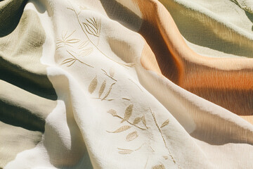 Poster - Fabric Whispers: Soft, layered fabrics in earthy tones, artfully draped to reveal subtle textures and patterns. A close-up shot reveals delicate details, hinting at comfort and elegance.
