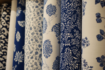 Poster - Textile Texture: A shelf displaying rolls of various fabric patterns in shades of blue and off-white, showcasing a diverse array of floral and abstract designs for interior decor.