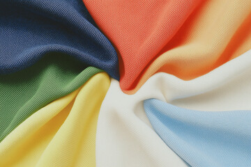 Poster - Vibrant Fabric Swirls: A close-up shot of a dynamic arrangement of colorful fabric swatches, swirling together in a harmonious blend of hues.