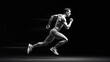 © ANDREY PROFOTO - Dynamic black and white illustration of a muscular male runner in profile sprinting against a dark background capturing motion and energy through suggestive blurred lines