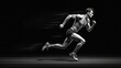 © ANDREY PROFOTO - Dynamic black and white digital illustration of a male sprinter in midaction against a dark background showcasing muscular definition and speed