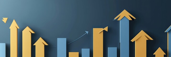 Fototapete - Layered paper cut bar charts and rising arrows representing growth in modern business design with gold and blue color scheme Generative AI