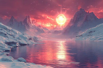 Canvas Print - beautiful landscape with a large body of water and mountains in the background. the sky is a deep re