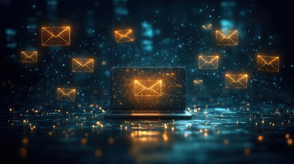Email marketing concept laptop surrounded by flying envelopes and letter