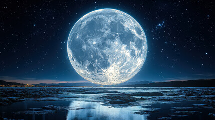 Wall Mural - large, bright moon is reflected in the calm waters of a lake. the scene is serene and peaceful, with