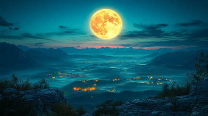 Wall Mural - large yellow moon is in the sky above a city. the city is lit up at night, creating a beautiful and 