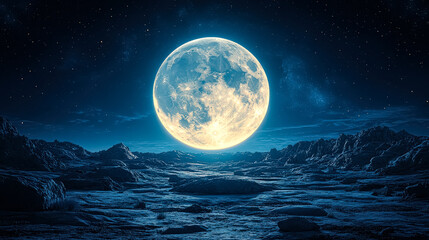 Wall Mural - large, bright moon is in the sky above a rocky, barren landscape. the scene is dark and moody, with 