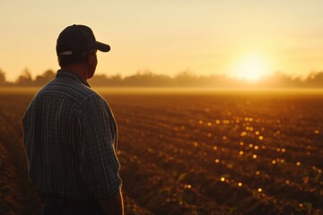 Aufkleber - Silhouette of a farmer in a vast field at sunrise with golden light illuminating the horizon and creating a serene atmosphere Generative AI