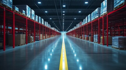 Fototapete - Wide perspective of a warehouse with neatly stacked pallets of goods along both sides, highlighting an organized inventory system and spacious layout for distribution activities.