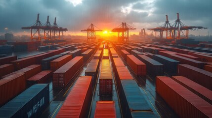 Aufkleber - Cargo containers are arranged in neat rows at a bustling logistics hub, with cranes working against a stunning sunset backdrop, highlighting the busy shipping activity.