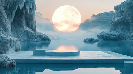Wall Mural - large moon is reflected in the water of a lake. the scene is serene and peaceful, with the moon cast