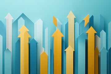 Fototapete - Layered paper cut bar charts and arrows in gold and blue color scheme highlighting business growth concepts and trends Generative AI