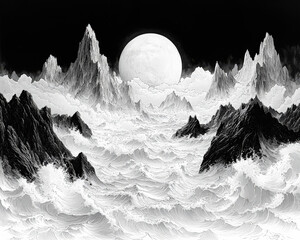 Canvas Print - black and white drawing of a mountain range with a large moon in the sky. scene is serene and peacef