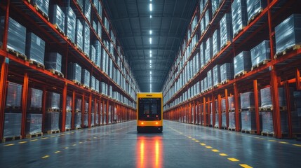 Poster - Inside a well structured warehouse, a yellow automated vehicle navigates between high stacked pallets organized for efficient sorting and fulfillment while daylight illuminates the setting.