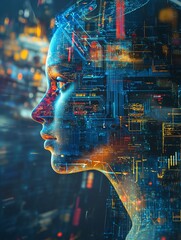 Poster - Digital Woman Futuristic Technology AI Circuitry Network Abstract Profile Portrait Modern Art Design Graphic Illustration Background Image Data Code  