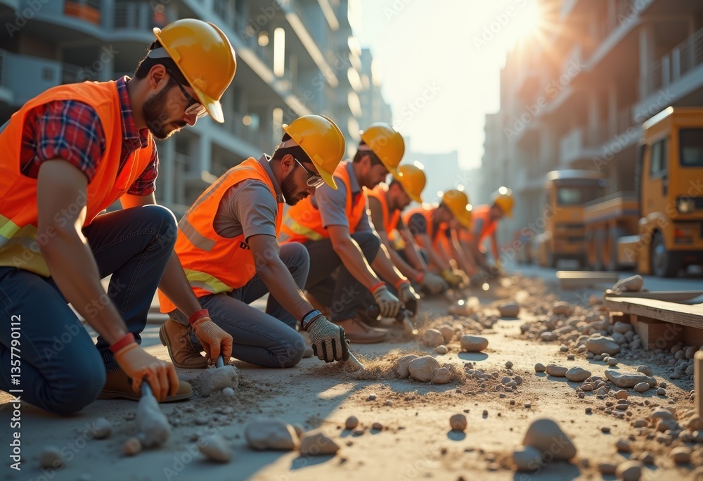 dynamic construction workers engaged power tools vivid construction ...
