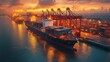 © Prostock-studio - A large cargo ship is docked at a busy logistics port during a vibrant sunset. Cranes are actively unloading containers while the water reflects the colorful sky.