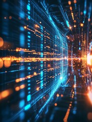 Poster - Abstract Digital Data Stream Tunnel Futuristic Technology Background Blue Orange Glowing Lines Network Visualization Modern Design Digital Art High   
