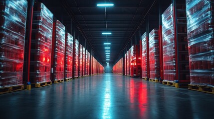 Poster - A modern warehouse displaying rows of neatly stacked, palletized cargo covered in protective wrap under bright lighting, emphasizing efficient inventory storage and logistics operations.