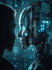 Poster - Futuristic Woman Facing Transparent AI Robot Digital Art Modern Technology Concept Artificial Intelligence Cyborg Humanoid Machine Learning Deep      