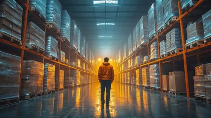 Aufkleber - A person stands alone in a spacious warehouse filled with stacked pallets, illuminated by a warm golden light at dusk. The atmosphere highlights the scale of logistics operations.