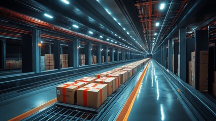 Aufkleber - Long rows of neatly stacked boxes move along a conveyor belt in a state of the art warehouse dedicated to logistics and distribution.