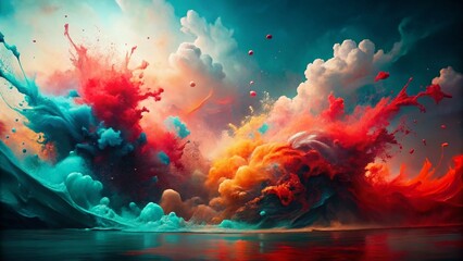 Poster - Vibrant Red Teal Abstract Watercolor Double Exposure Stock Photo