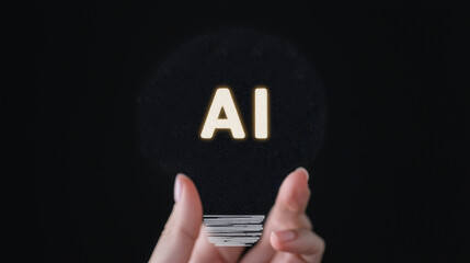 Poster - AI Idea: A hand delicately cradles a glowing light bulb illuminating the letters 'AI', symbolizing the genesis of artificial intelligence and innovative technologies. 