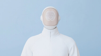 Poster - Conceptual AI Portrait: A minimalist representation of artificial intelligence, featuring a human-shaped form with a stylized brain displayed on the face, reflecting intellect and the future.