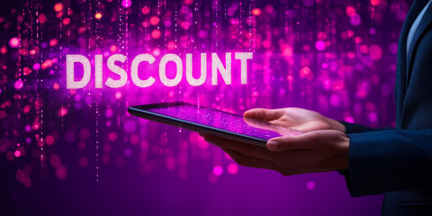 Poster - digital tablet with floating discount text held by business person on purple background, concept of 