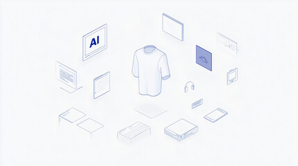 Poster - Innovation Hub: An abstract illustration of technology and lifestyle, showcasing various connected devices and AI, centralizing on a sweater, emphasizing interconnectedness and modern living.