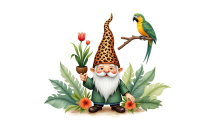 Poster - A whimsical gnome with a leopard-print hat and a colorful parrot, amidst lush tropical foliage, creating a charming