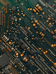 Poster - Abstract Technology Background Green Circuit Board Detailed Electronic Components High Resolution Digital Image Modern Technology Pattern Orange      