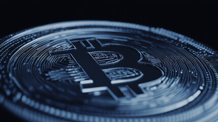 Poster - Illuminated Bitcoin: A close-up shot highlights the intricate details of a Bitcoin, showcasing its technological design with precision. Its surface gleams under focused lighting.