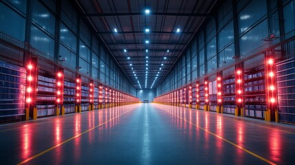 Poster - Bright lighting fills a spacious warehouse designed for logistics and distribution. The orderly aisles showcase tall shelving units ready for inventory movement and storage tasks.
