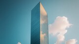 Single minimalist skyscraper with sleek mirrored surfaces blending into the skyline