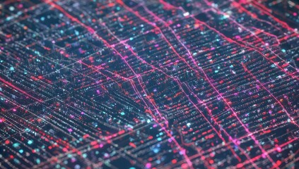 Poster - vibrant abstract depiction of urban grid illuminated by colorful lights at night