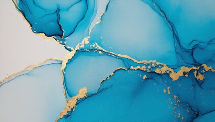 Poster - Vivid turquoise and gold abstract design showcasing fluid shapes and intermingling colors