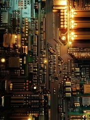 Poster - Closeup Detailed Electronic Circuit Board Technology Background Golden Traces Digital Hardware Pattern Computer Motherboard Illuminated Components    