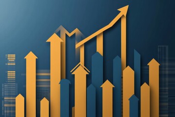 Fototapete - Modern business background featuring layered paper cut bar charts and arrows increasing in a gold and blue color scheme Generative AI