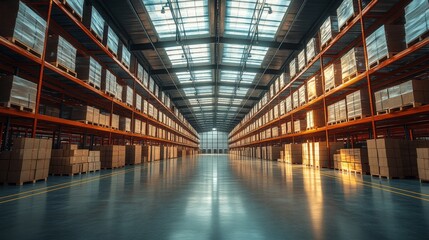 Poster - spacious warehouse interior features neatly arranged shelves stocked with boxes. natural light illum