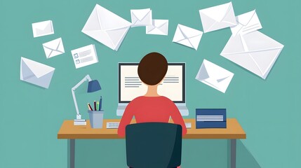 Fototapete - Digital Workflow: A person at a desk, engrossed in work on a computer surrounded by floating envelopes, representing digital communication. The image captures a contemporary workspace.
