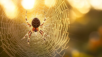 A spider weaving an intricate web in the morning light.