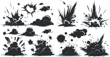 set of black and white explosion and smoke illustrations.